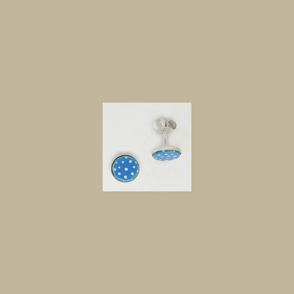 Ohrstecker mit Rand, Silber, rund 8mm, Paar. blau Punkte weiss