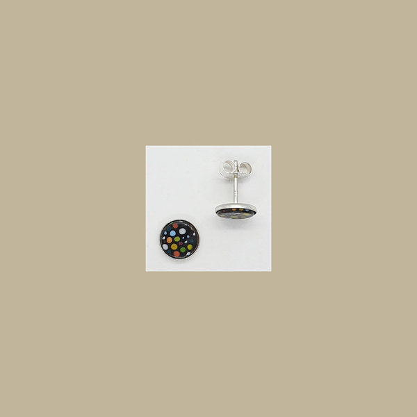 Ohrstecker mit Rand, Silber, rund 8mm, Paar. schwarz Punkte bunt: colored points on black