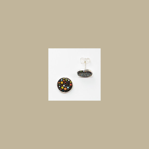Ohrstecker mit Rand, Silber, rund 10mm, Paar. schwarz Punkte bunt: colored points on black